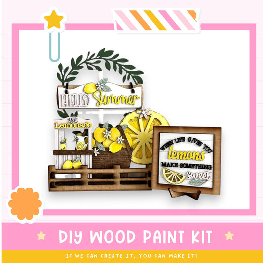 a picture of a lemon themed wood paint kit