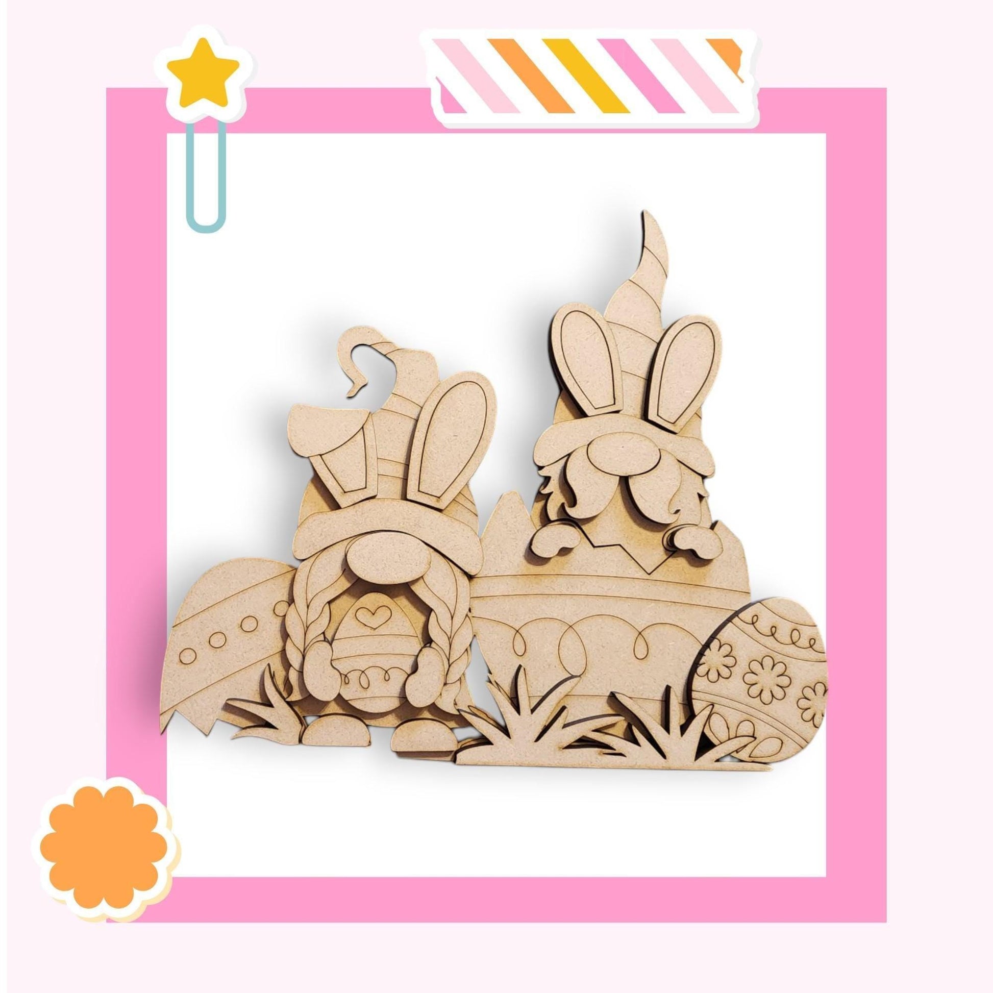 a wooden cutout of two rabbits in a basket