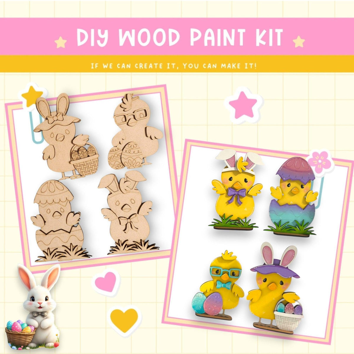 a wooden craft kit with a picture of a bunny and other items