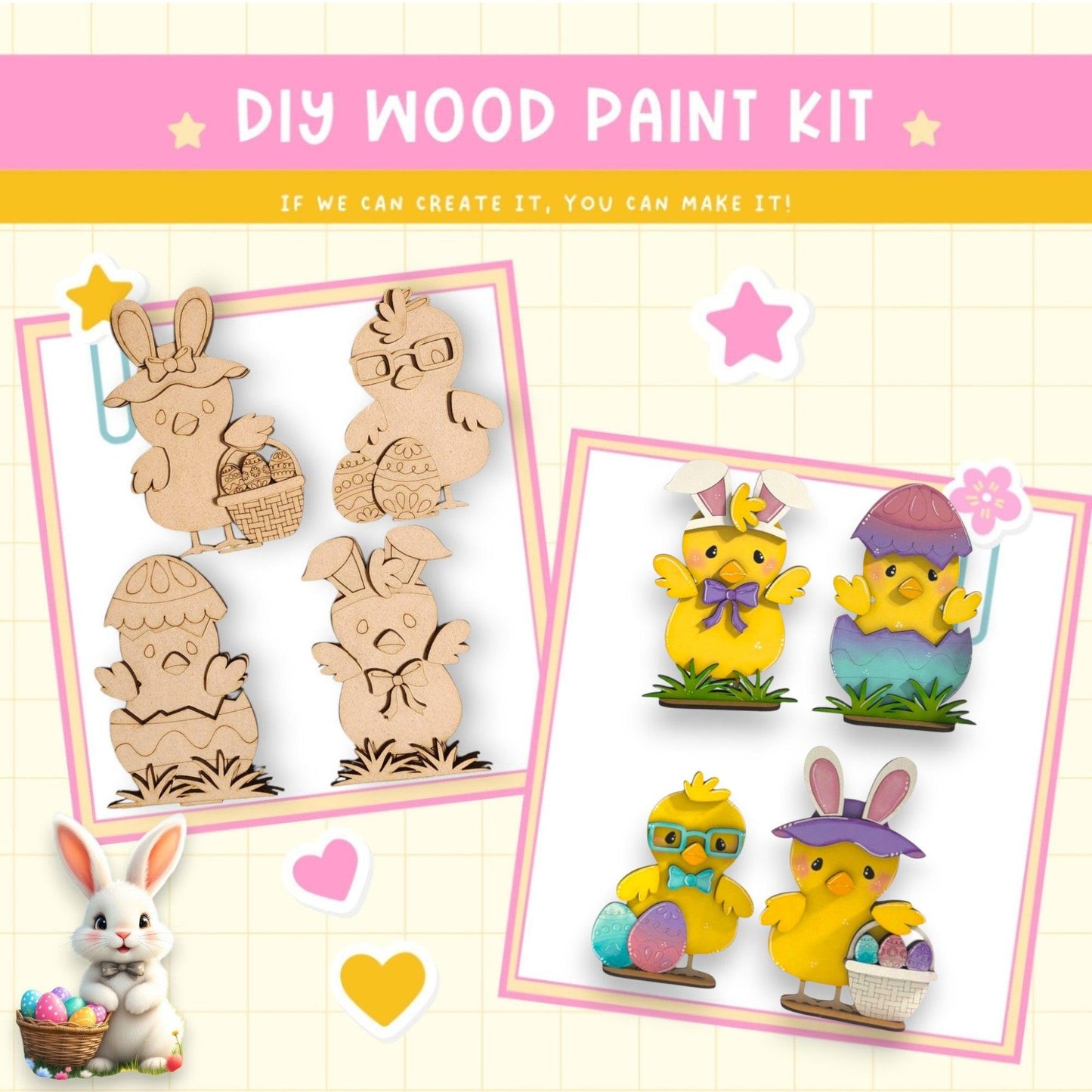 a wooden craft kit with a picture of a bunny and other items
