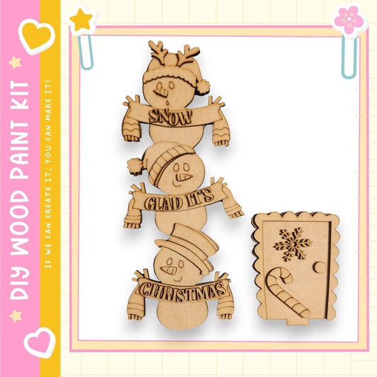 a set of wooden snowman ornaments and a snowman-shaped cookie holder, all made of wood.