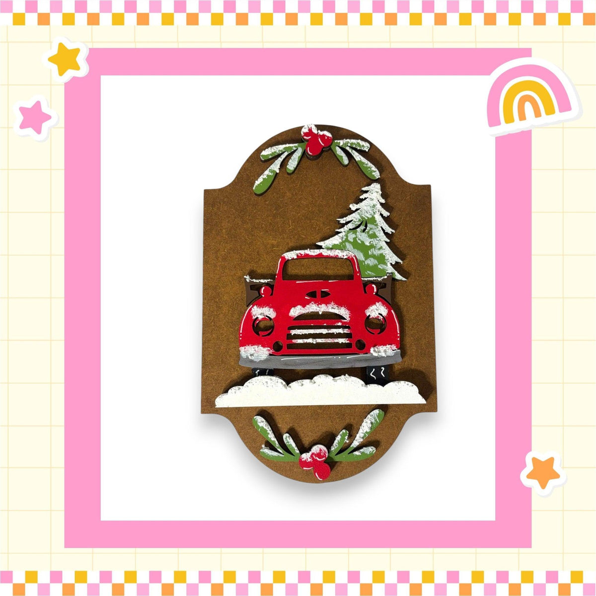 a picture of a red truck with a christmas tree on it