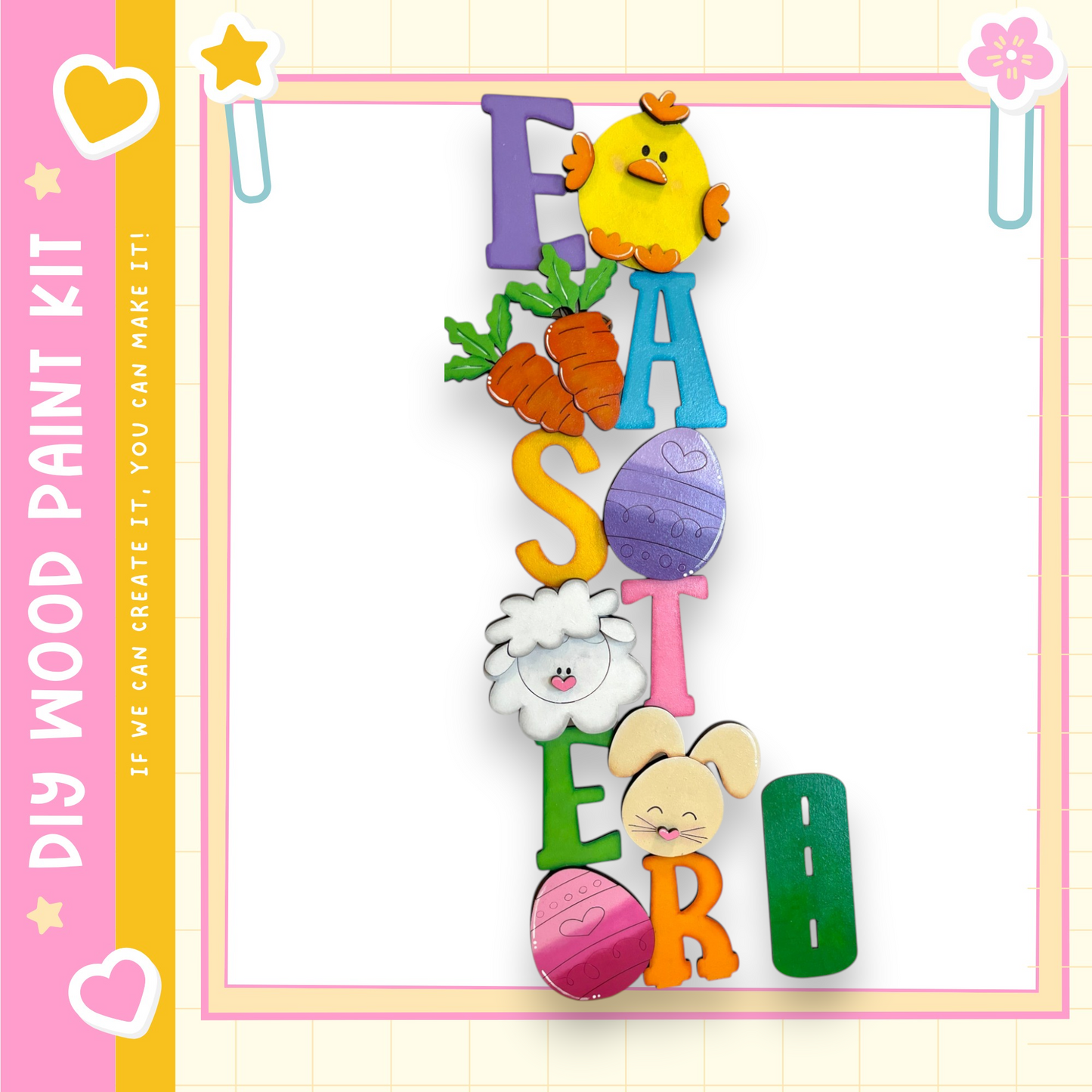 The image is a colorful Easter-themed collage featuring various Easter-related elements such as a yellow chicken, carrots, and other decorative shapes.