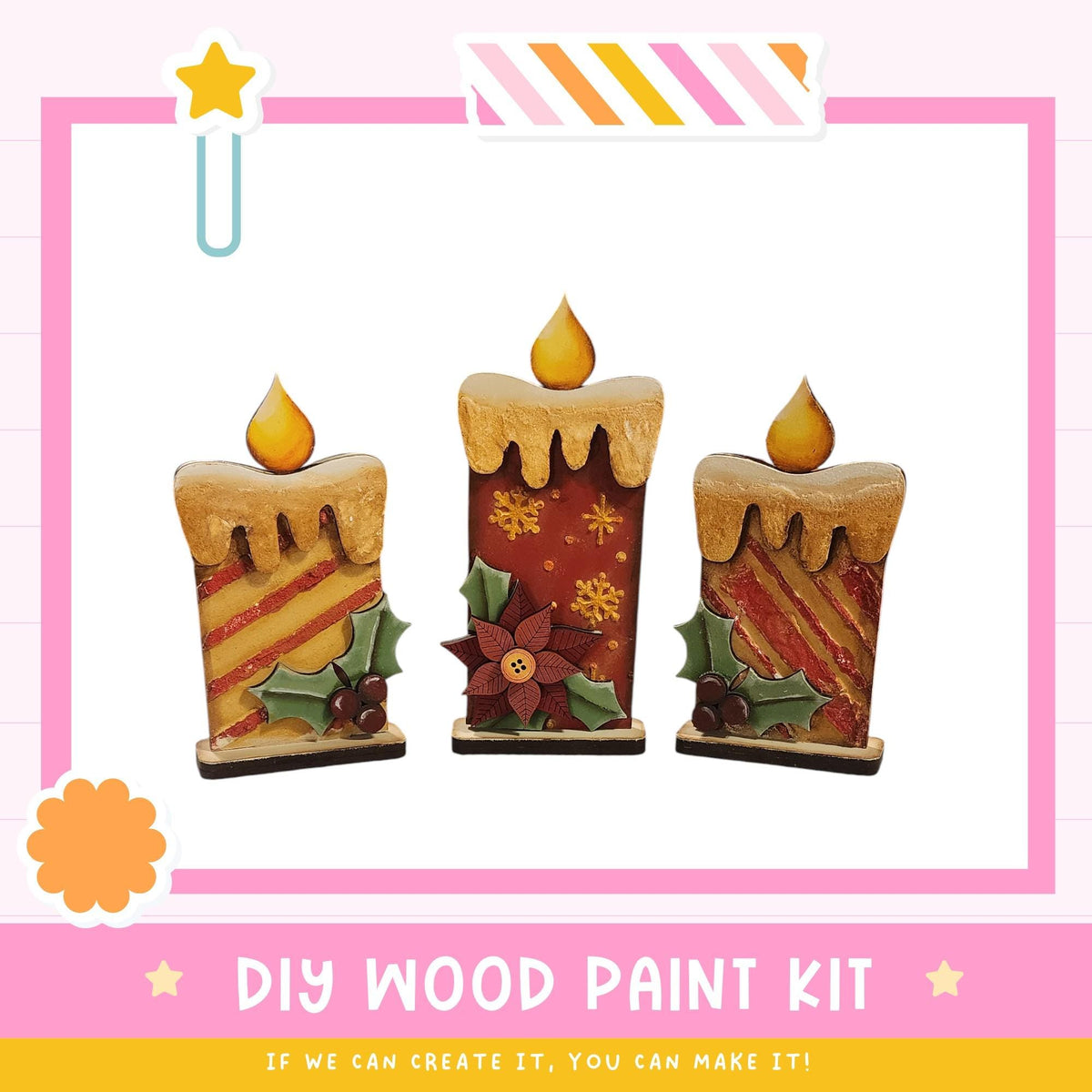 three decorative candles made of wood, each with a unique design and color. The candles are arranged in a row, creating a visually appealing display. The image also includes text that reads "DIY WOOD PAINT KIT" and "IF WE CAN CREATE IT, YOU CAN MAKE IT!" This suggests that the image is promoting a DIY wood paint kit for creating custom wooden candles.