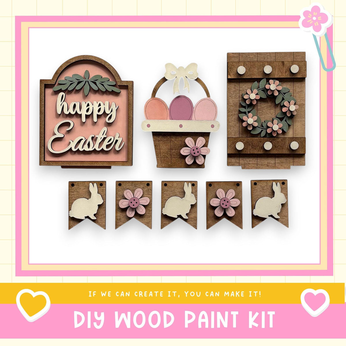 The image is a collage of various Easter-themed decorations, including a sign that says "happy Easter", a basket with flowers, a wreath, and several banners with rabbits. The text "DIY WOOD PAINT KIT" is displayed at the bottom of the image, suggesting that the viewer can create their own Easter-themed decorations using the provided wood paint kit.