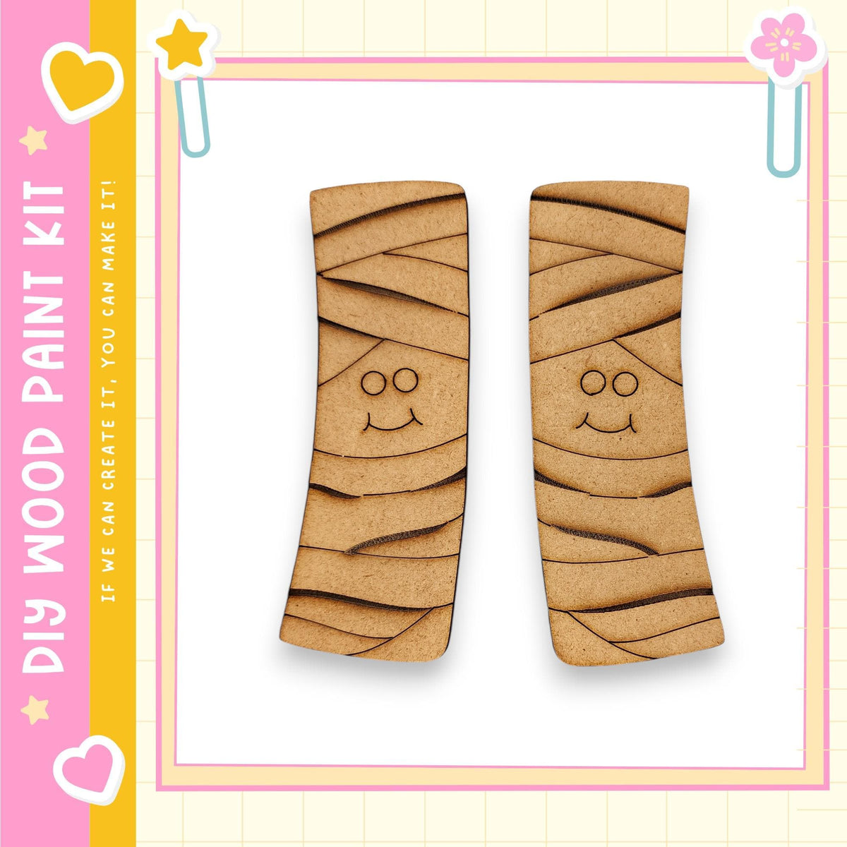 two wooden slats with a smiling face design on them, set against a pink and yellow background with decorative elements.