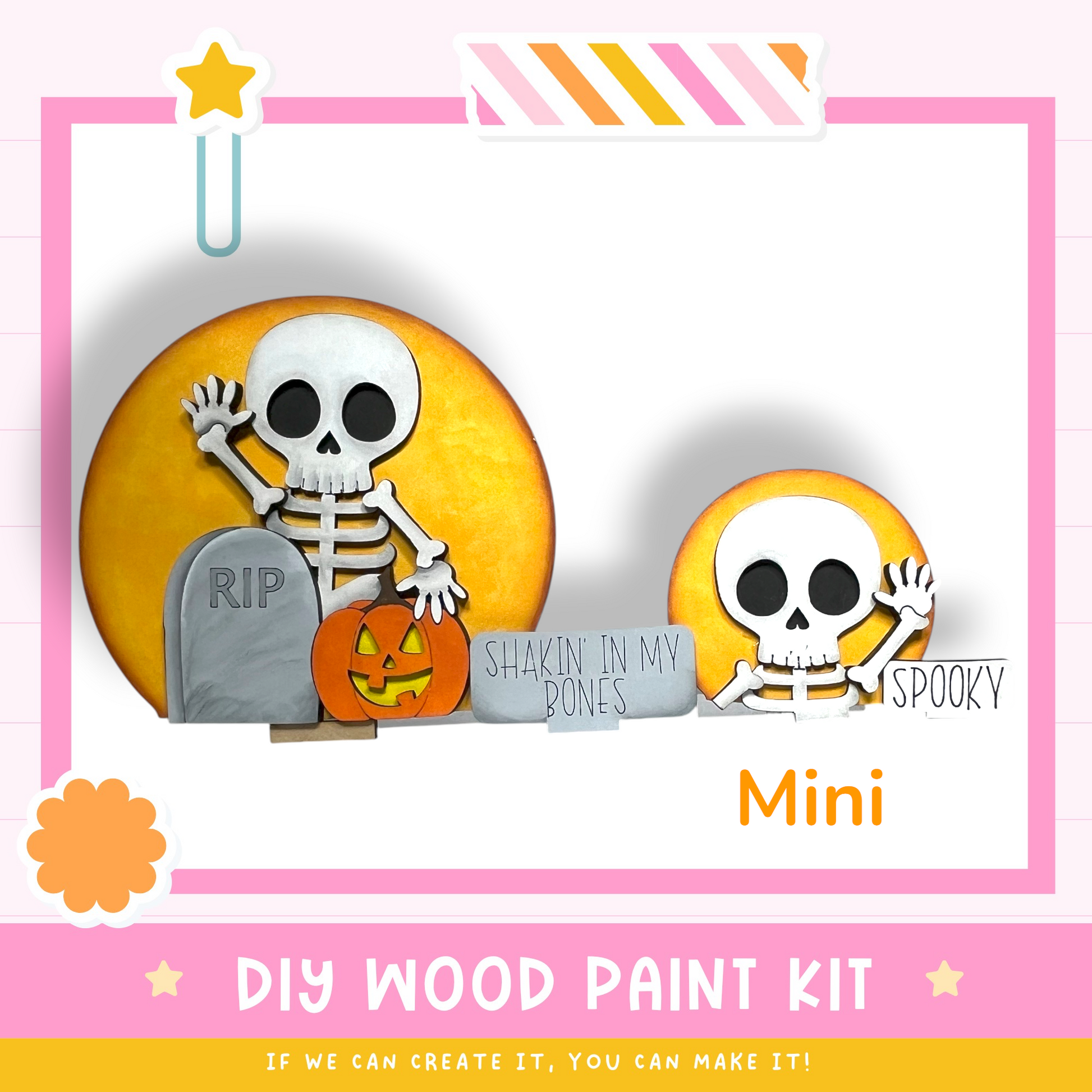 The image is a Halloween-themed DIY wood paint kit featuring a skeleton holding a carved pumpkin and a sign that says "Shakin' in my bones".