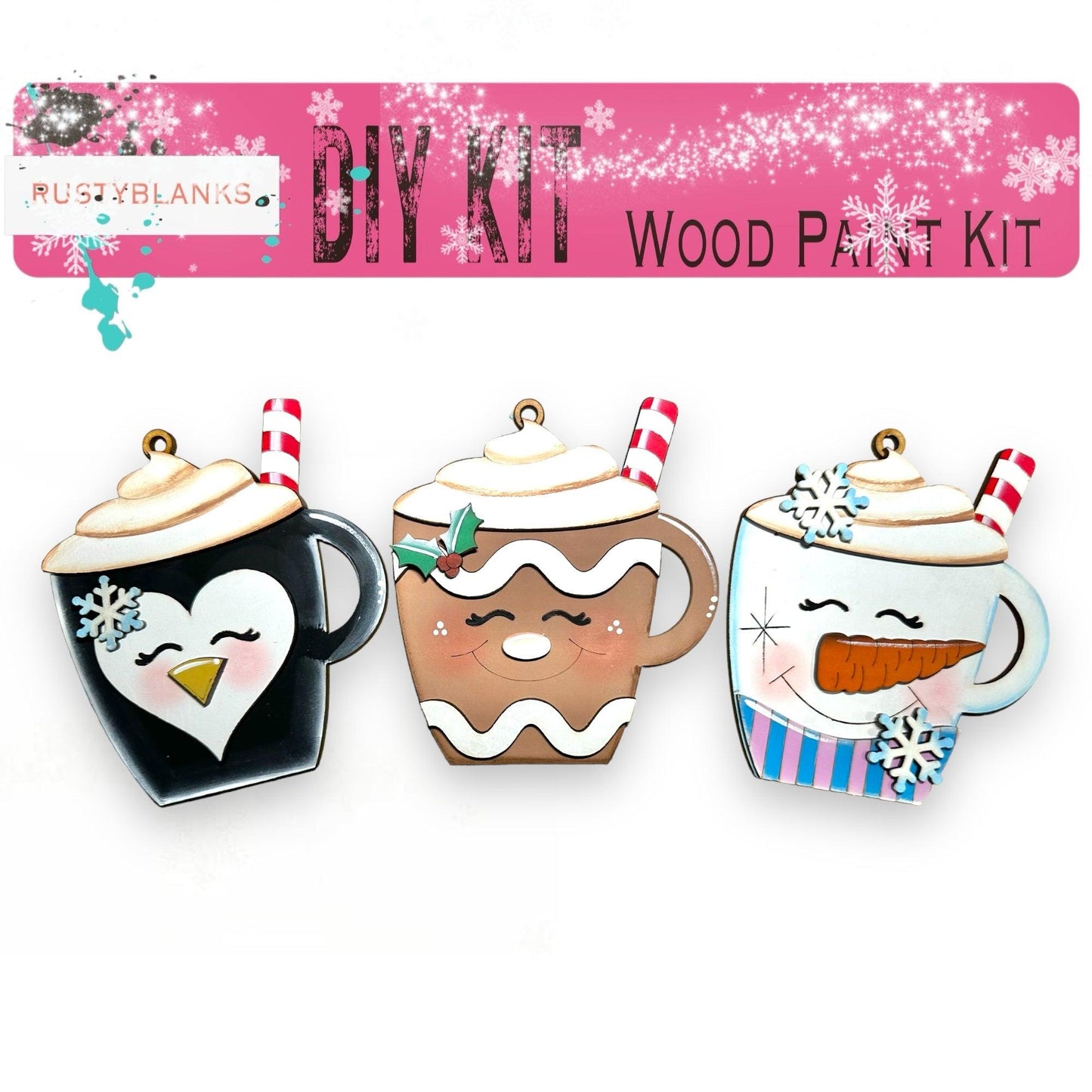 a set of three wooden magnets with a penguin and a cup of coffee