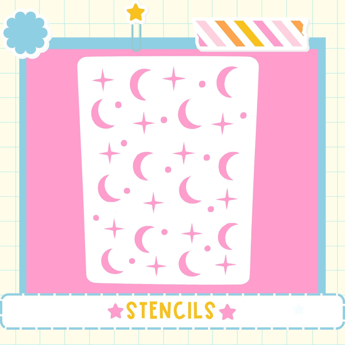 a pink background with a white stencil containing a pattern of pink crescent moons and stars.