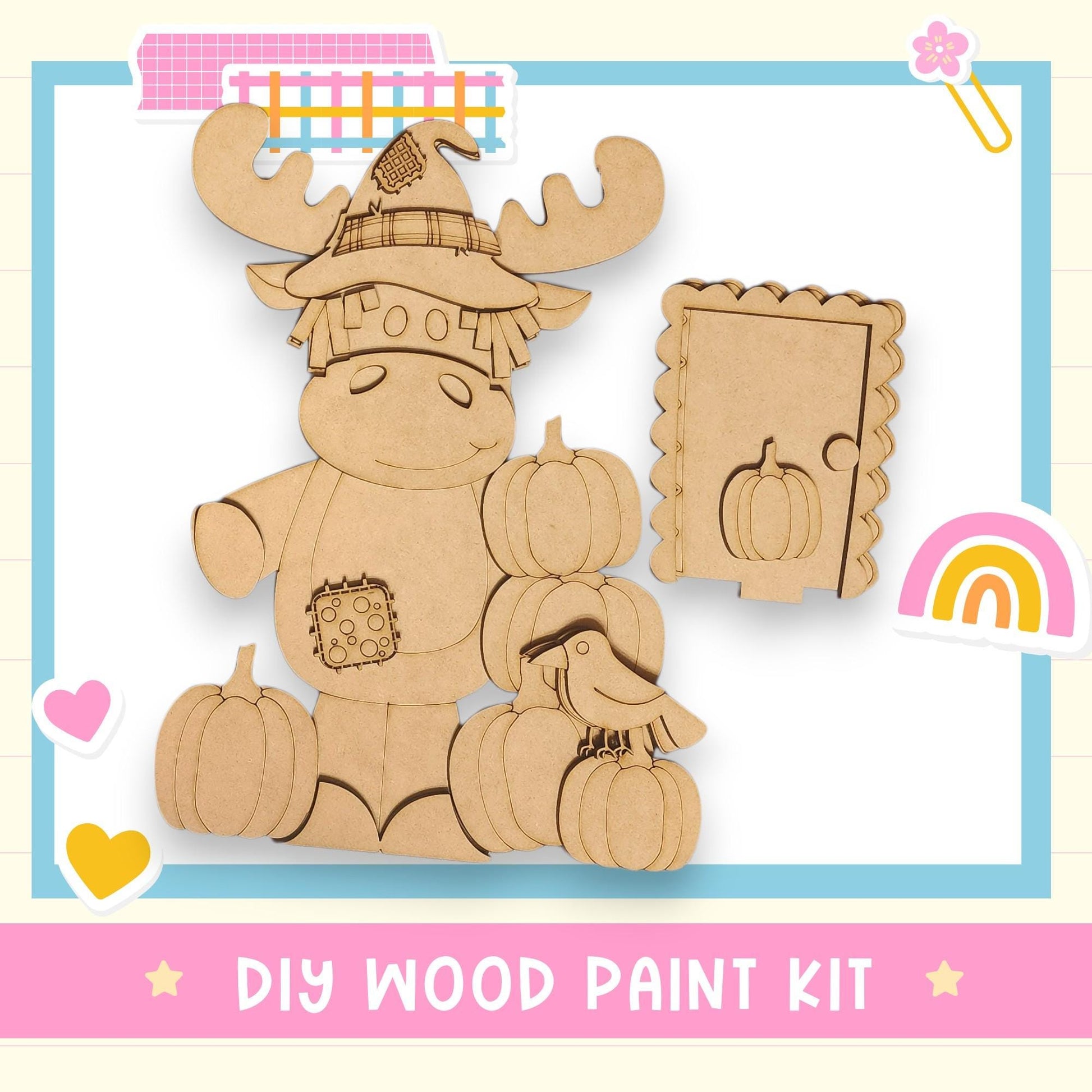 a DIY wood paint kit for creating a wooden toy moose, with a pumpkin and a bird as part of the moose's accessories.