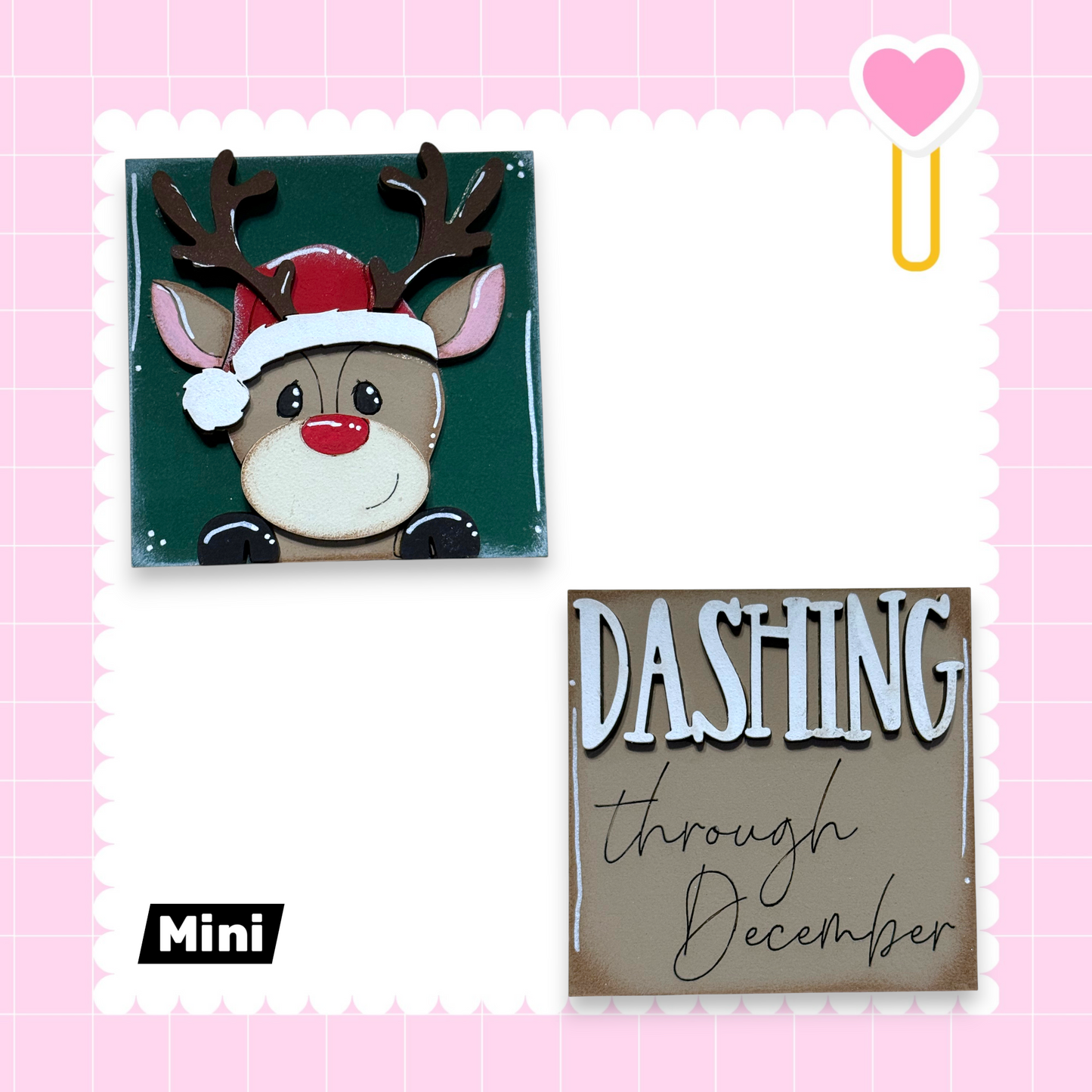 a collage of two pictures: a picture of a reindeer wearing a Santa hat and a picture of a word "DASHING" written in a playful font. The collage is set against a pink background with a scalloped edge.