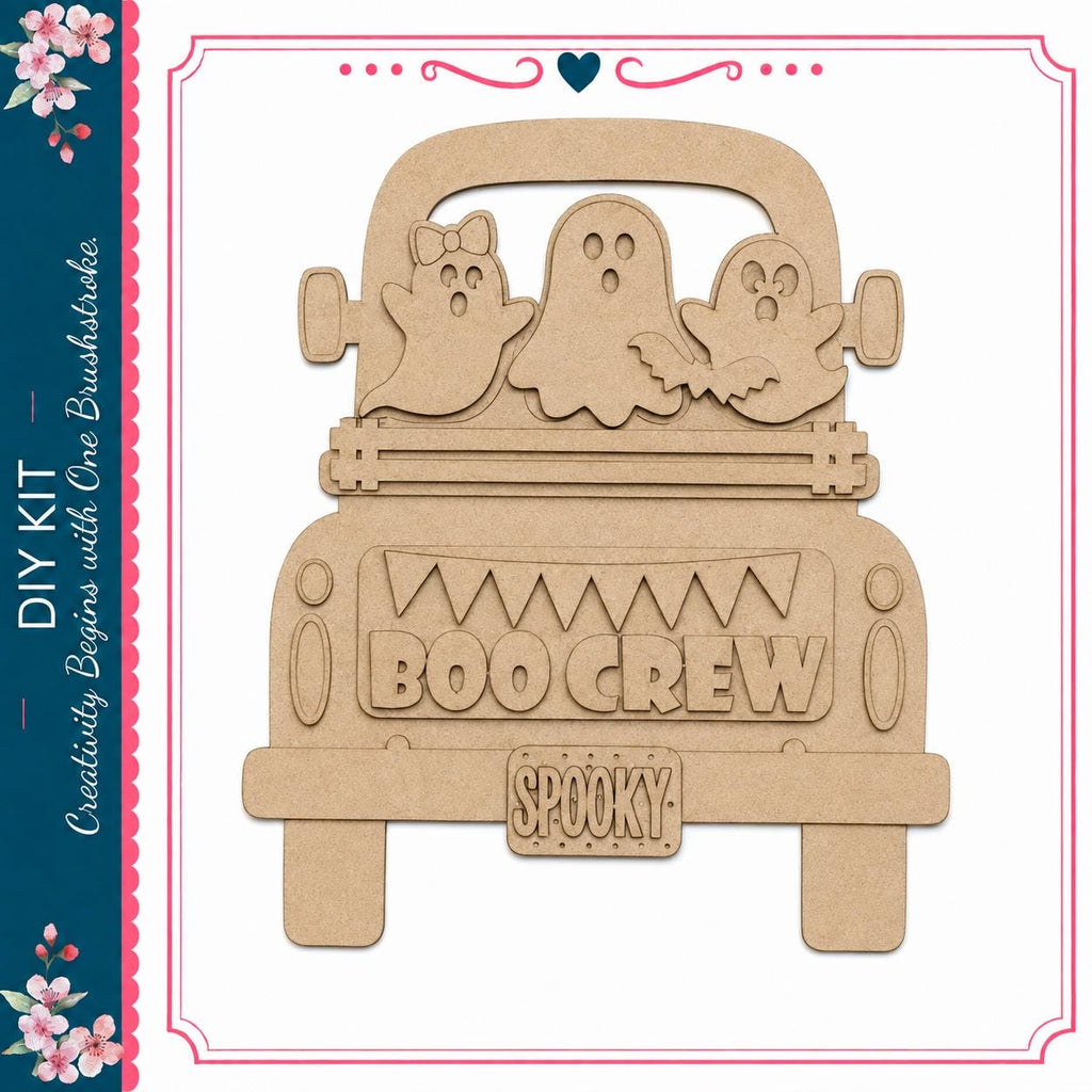 A wooden truck with three ghostly figures on the back, and the word "BOOGREW" written on the side.