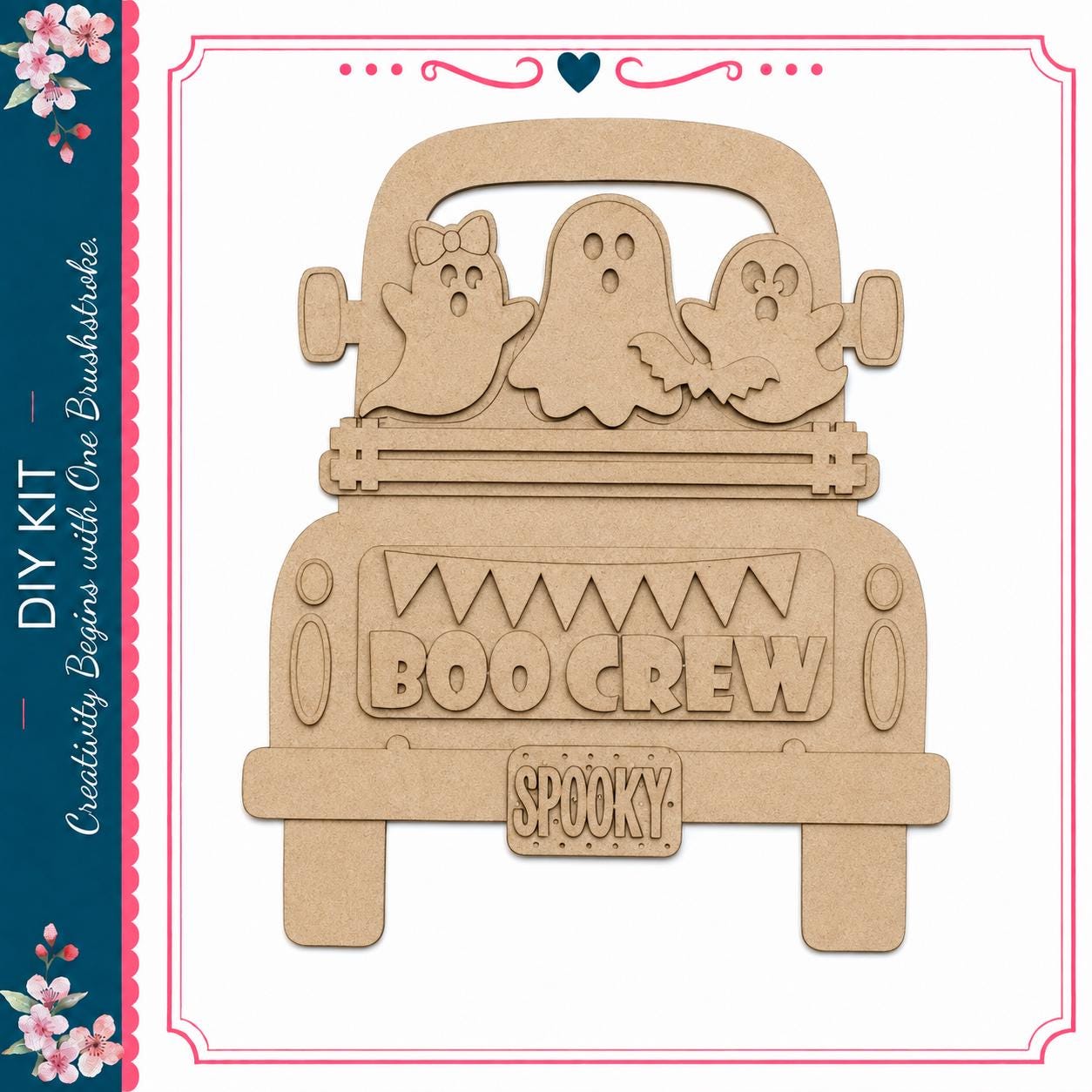 A wooden truck with three ghostly figures on the back, and the word "BOOGREW" written on the side.