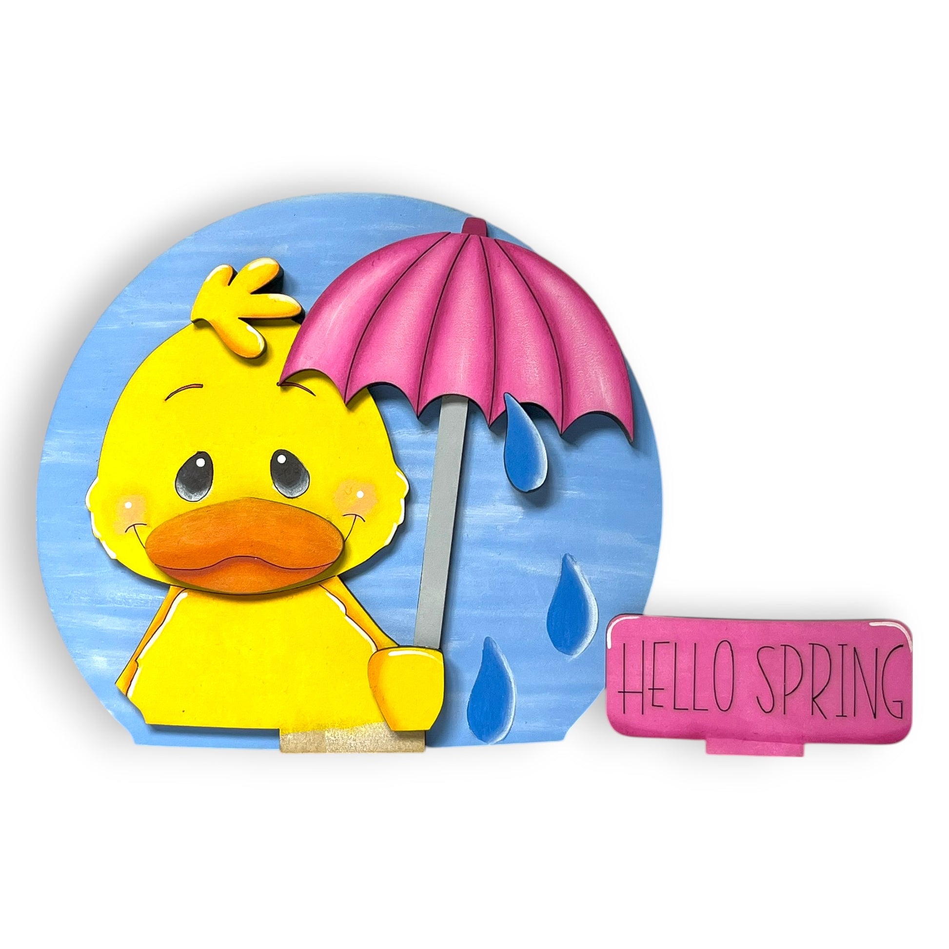 A yellow duck holding a pink umbrella and standing next to a sign that says "Hello Spring".