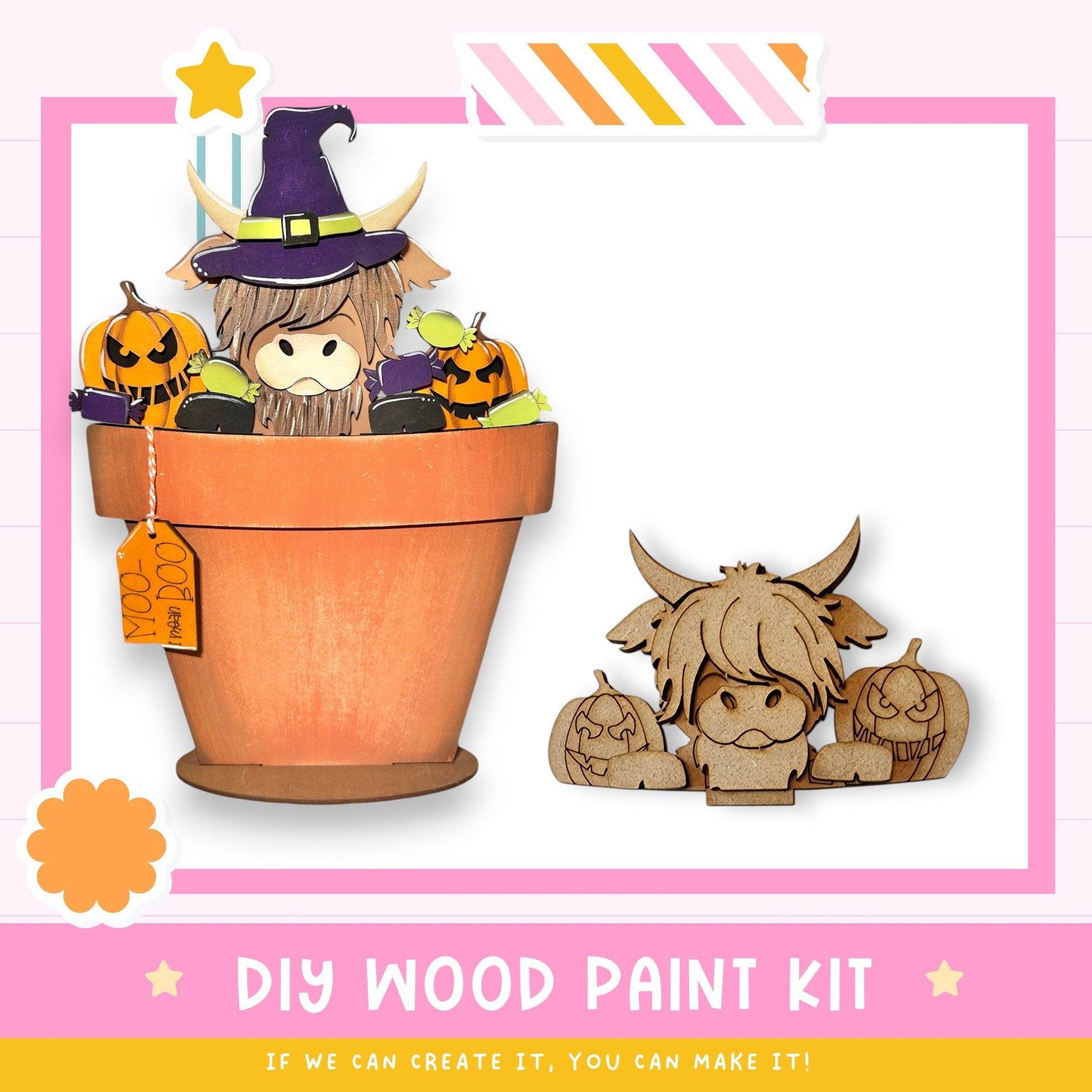 a DIY wood paint kit for creating Halloween decorations, including a wooden pot with a carved pumpkin and a wooden cutout of a character with horns.