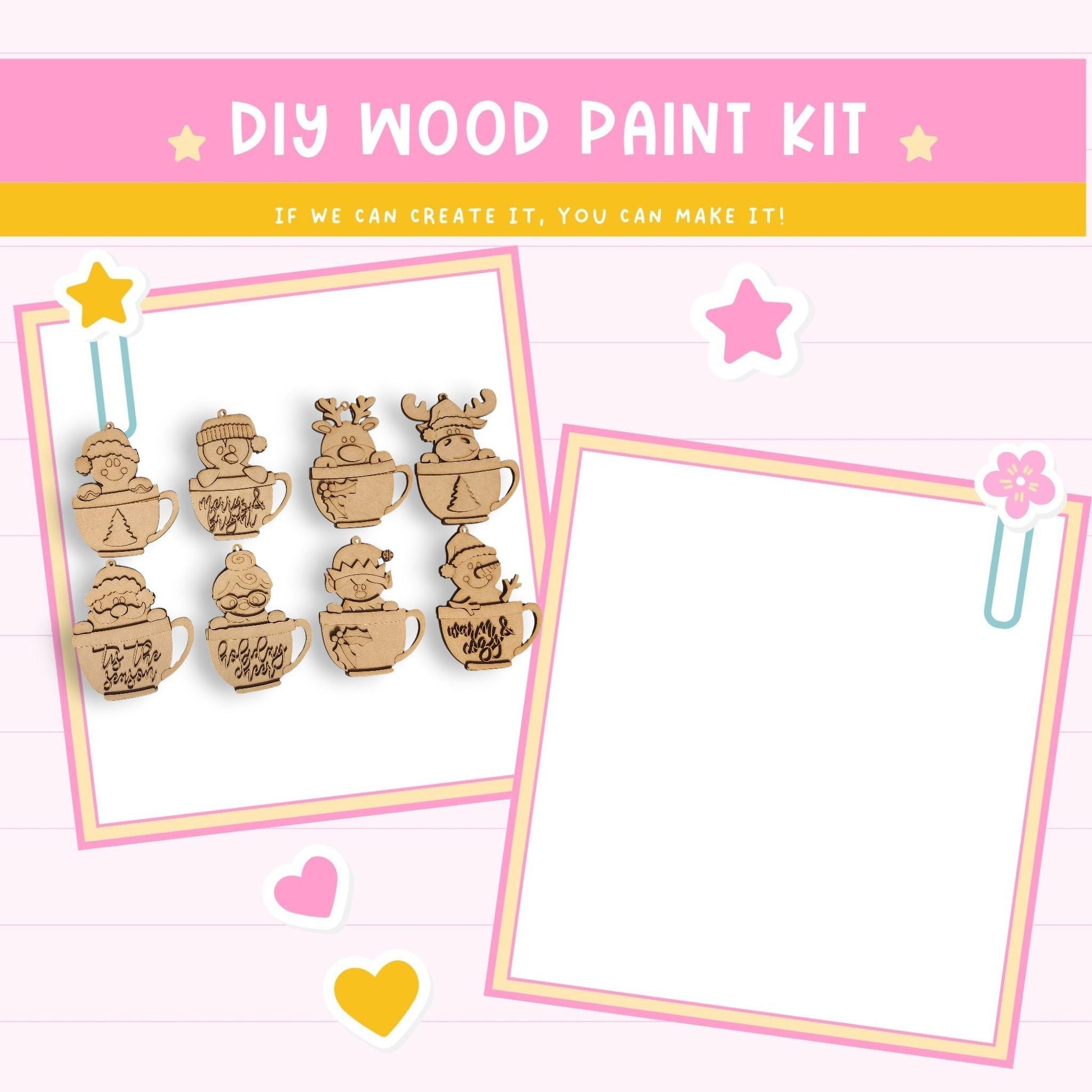 The image is a DIY wood paint kit advertisement, featuring a collection of wooden ornaments in various shapes and sizes, along with a blank frame. The text on the image encourages creativity and the ability to make the kit, suggesting that the kit can be customized and personalized.
