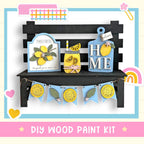 a picture of a wooden bench with lemons on it