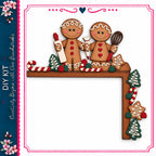 A pair of gingerbread men holding a rolling pin and a whisk, surrounded by various Christmas-themed decorations such as candy canes, pine trees, and other festive elements.