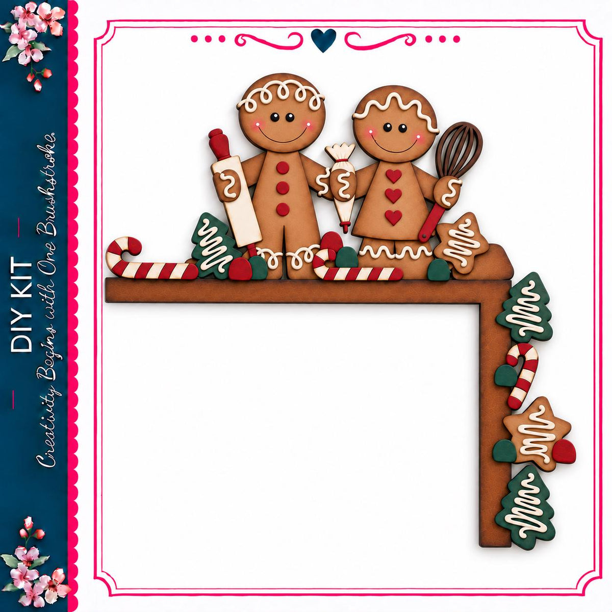 A pair of gingerbread men holding a rolling pin and a whisk, surrounded by various Christmas-themed decorations such as candy canes, pine trees, and other festive elements.