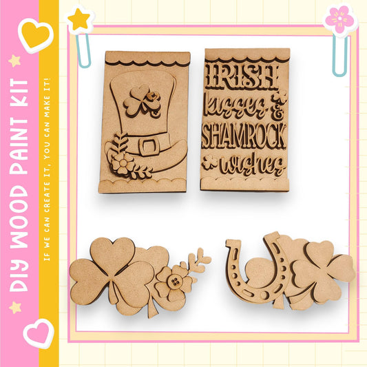 various cut-out shapes and designs, including a clover, a horseshoe, and a sign with Irish-themed text.