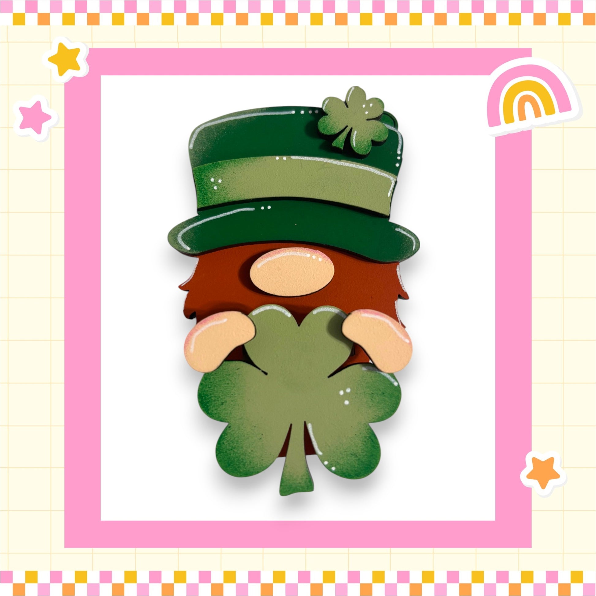A cartoon-style illustration of a smiling gnome wearing a green hat and holding a four-leaf clover.