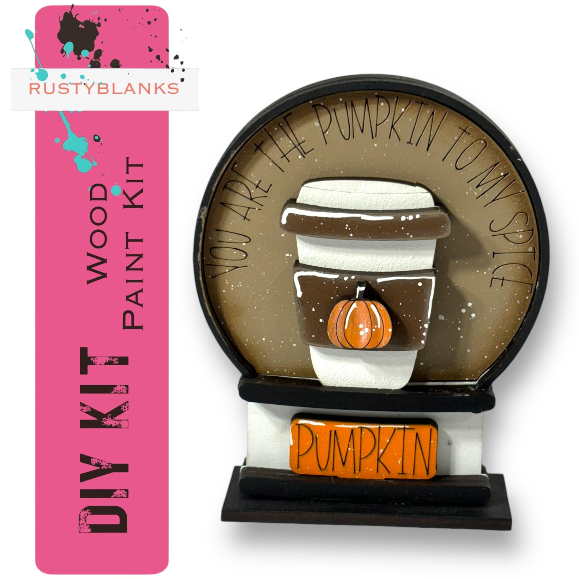 a DIY wood paint kit for creating a pumpkin-themed decoration, with a wooden pumpkin and a coffee cup painted on a wooden base.