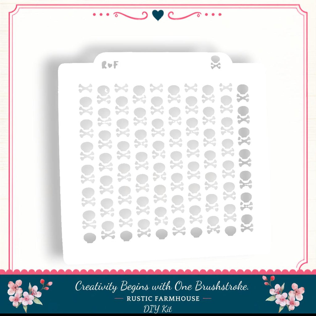The image is a white stencil with a repeating pattern of skull and crossbones shapes.