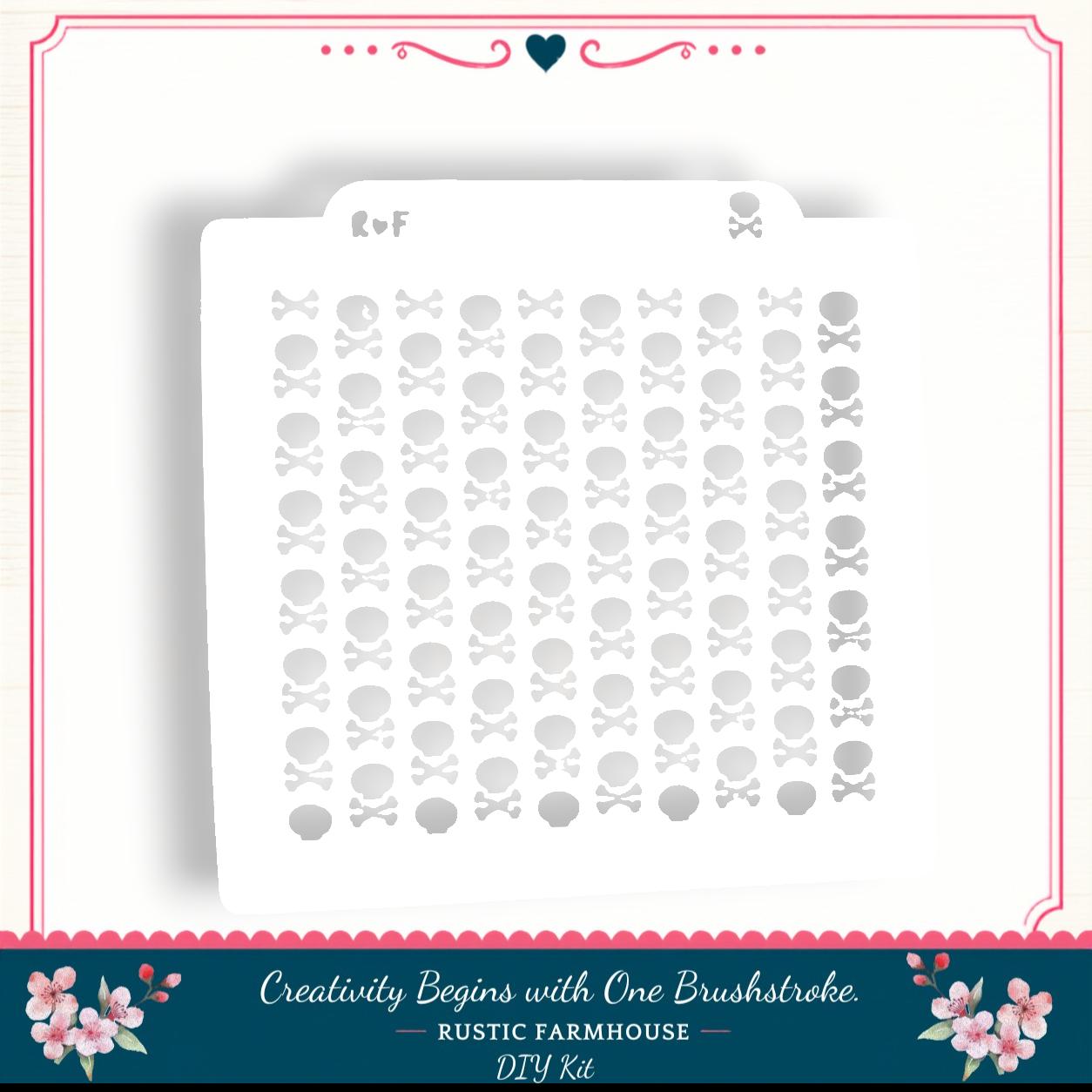 The image is a white stencil with a repeating pattern of skull and crossbones shapes.