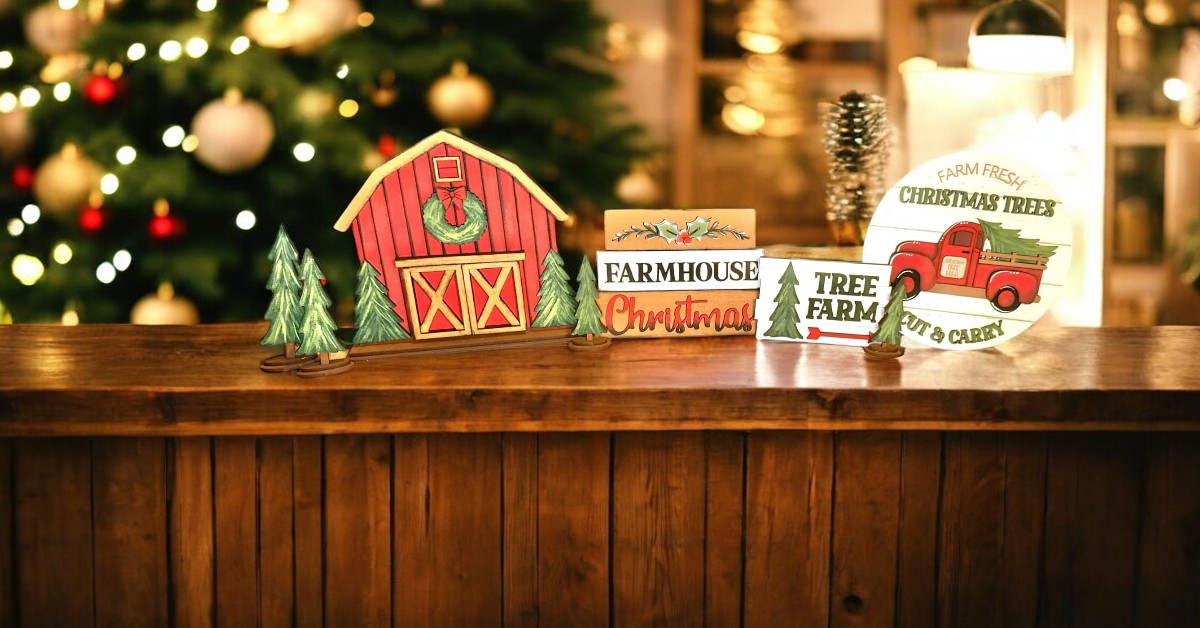 a christmas display with a red truck and a christmas tree