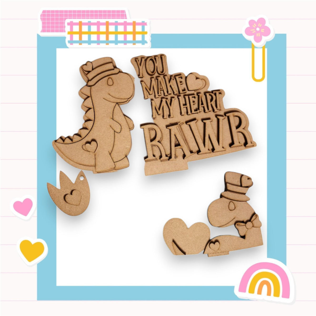 a wooden cutout of a dinosaur and a rainbow
