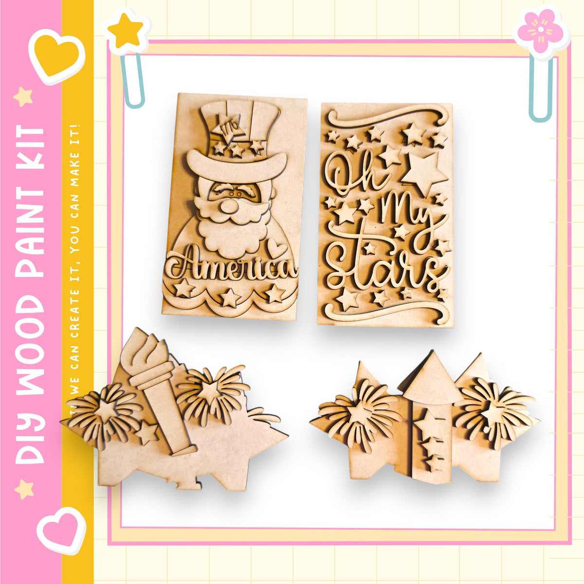 various wooden shapes and designs, including a Santa Claus figure, a sign with the phrase "Oh my stars", and a fireworks-like decoration.