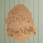 A wooden cutout of Santa Claus with the text "Merry & Bright" below it.