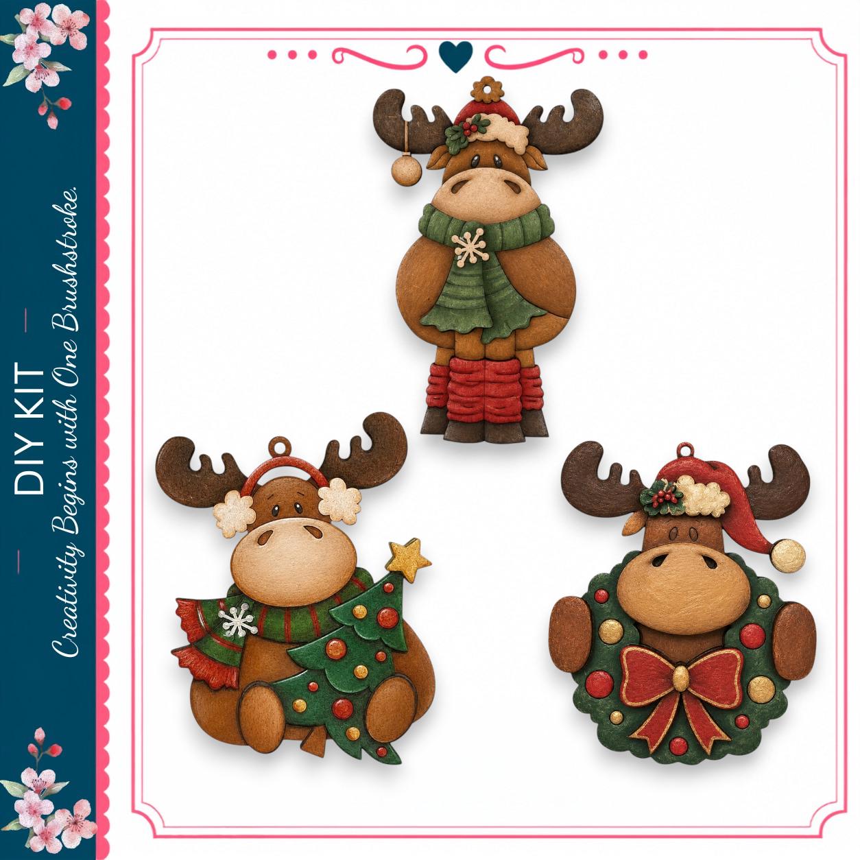 three Christmas ornaments, each with a unique design and color scheme. The ornaments are arranged in a row, showcasing the creativity and craftsmanship involved in their creation.