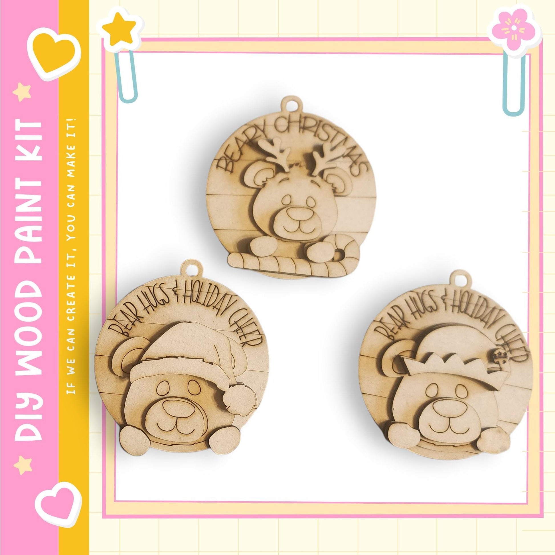 three wooden ornaments with bear faces, each with a different holiday cheer message.