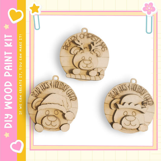 three wooden ornaments with bear faces, each with a different holiday cheer message.
