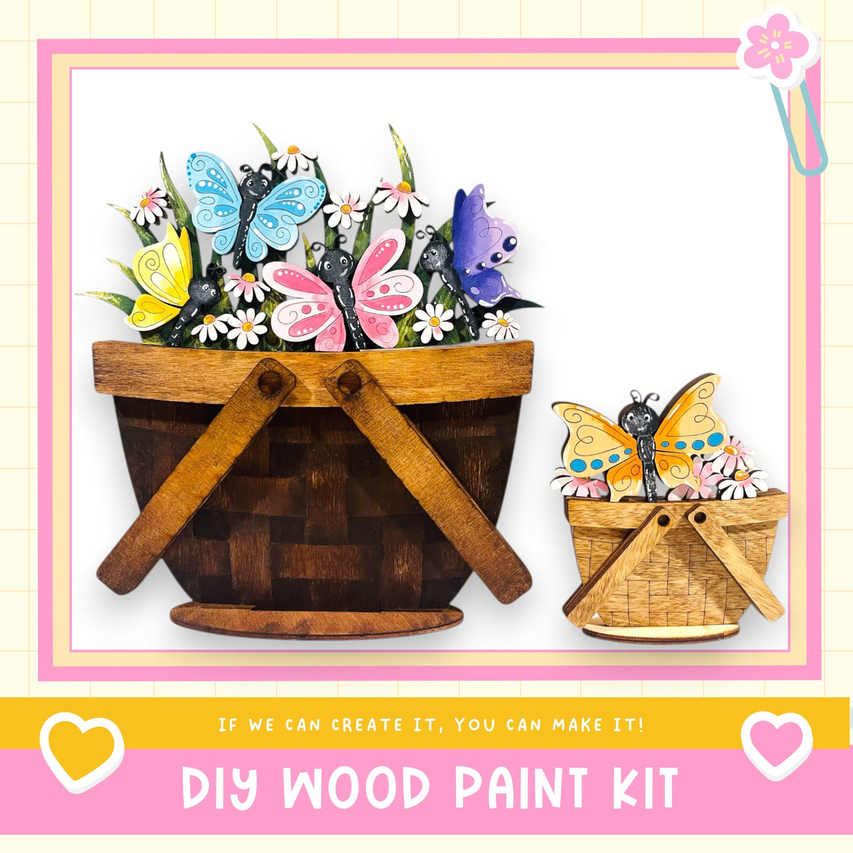 a DIY wood paint kit for creating wooden baskets or planters. The kit includes instructions and materials for creating a wooden basket or planter, with a focus on butterflies and flowers.
