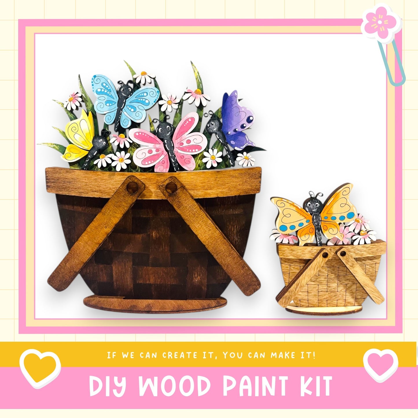 a DIY wood paint kit for creating wooden baskets or planters. The kit includes instructions and materials for creating a wooden basket or planter, with a focus on butterflies and flowers.