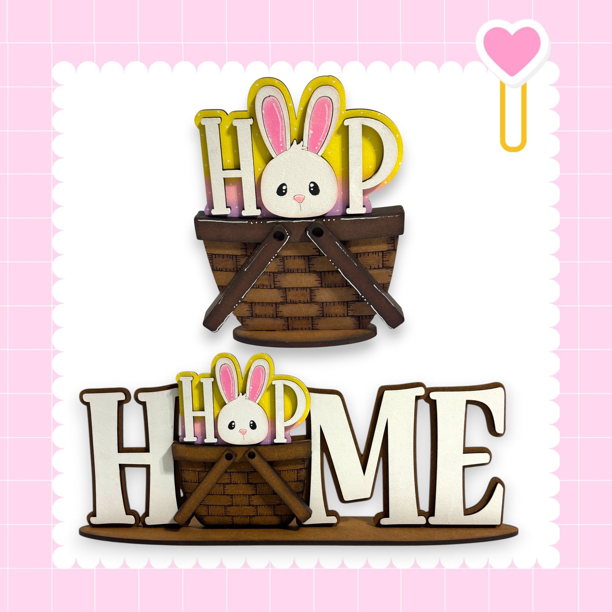 a wooden basket with a bunny inside, and the word "HOP" written on it.