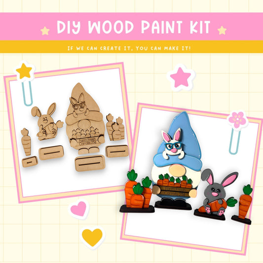 a picture of a wooden craft kit with a picture of a gnome and a bunny