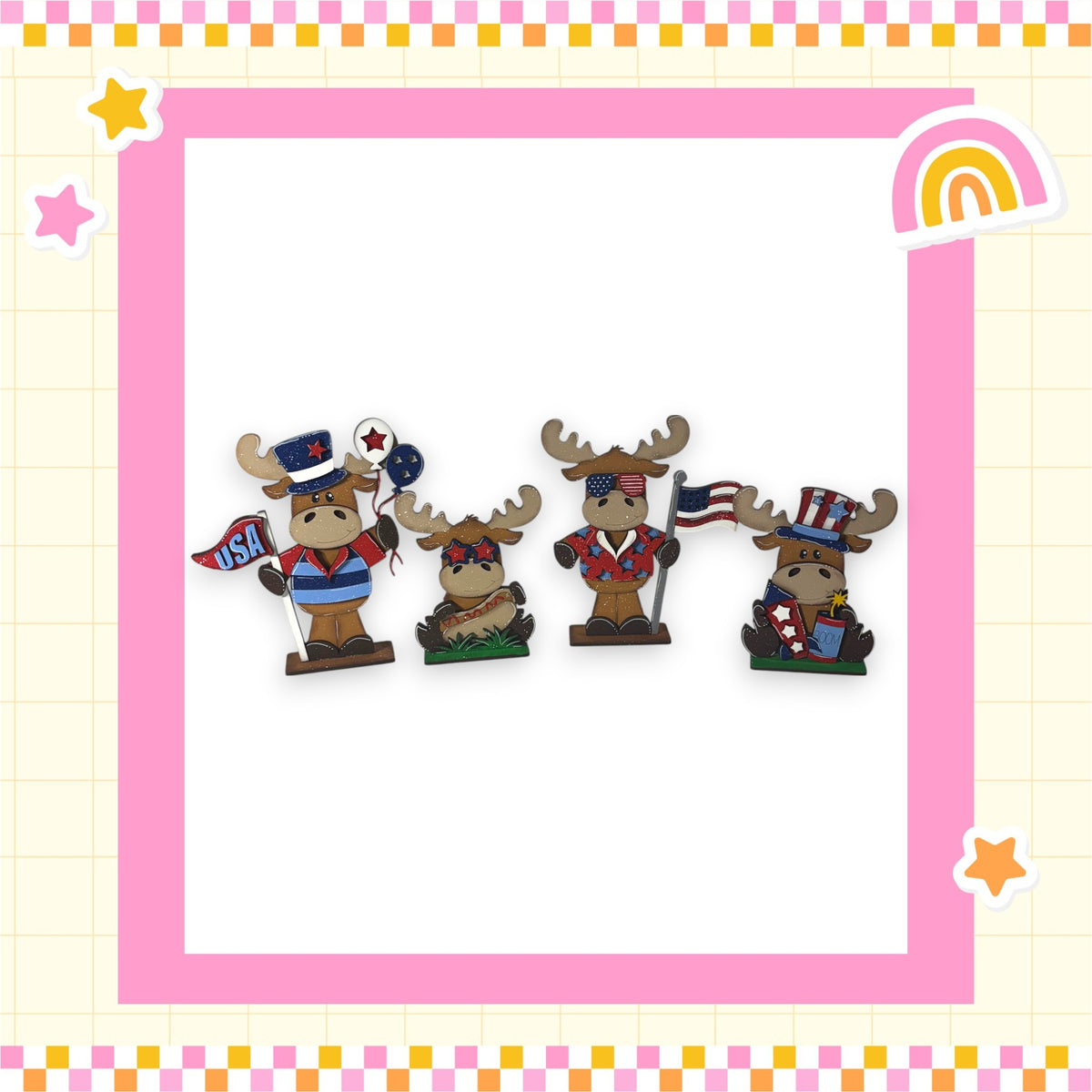 A group of cartoon moose wearing patriotic attire, including American flags and other symbols, are arranged in a row within a pink and yellow checkered border.