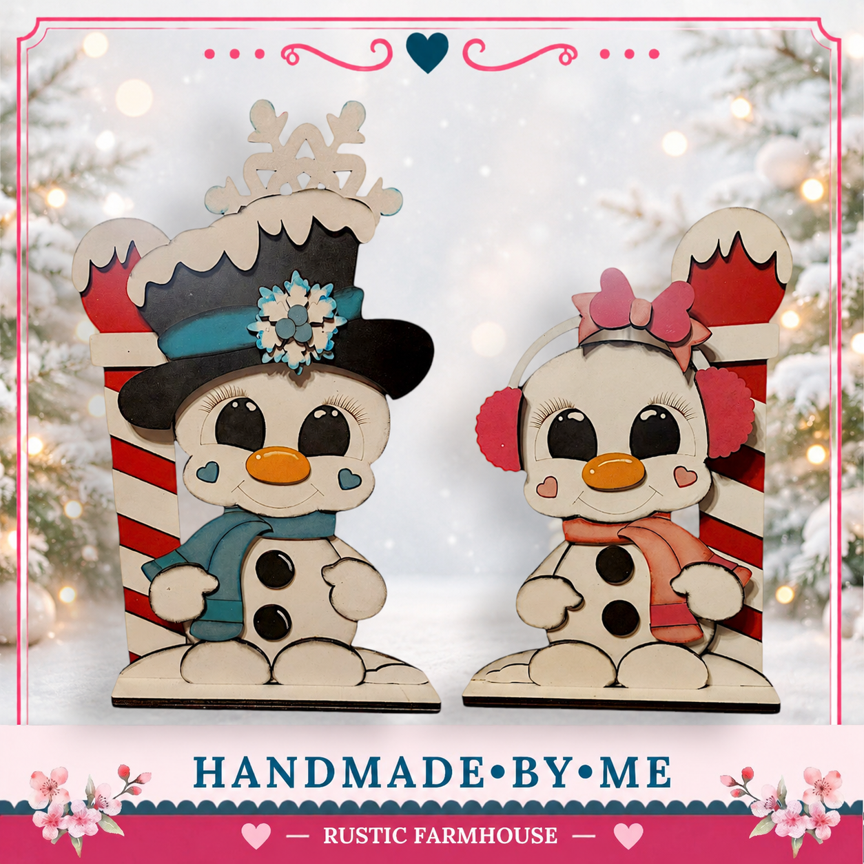 A hand-made wooden snowman and a snowman figurine stand side by side against a snowy background, with a festive holiday scene in the background.