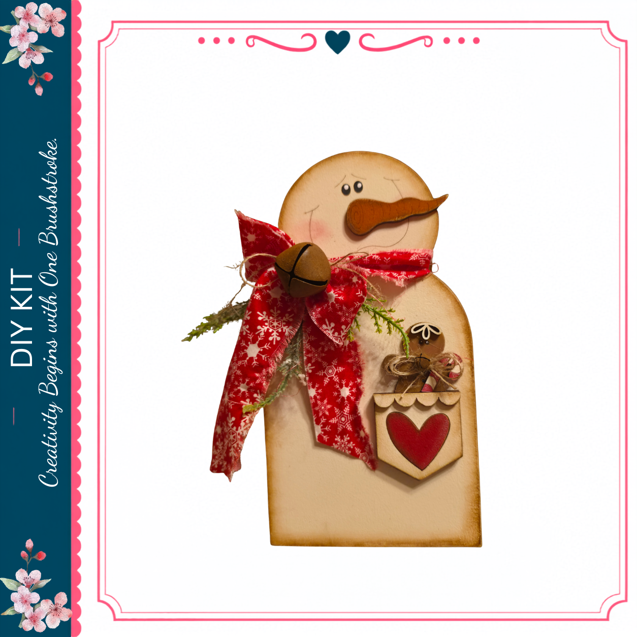A wooden snowman figure with a red scarf and a heart-shaped ornament, set against a white background.
