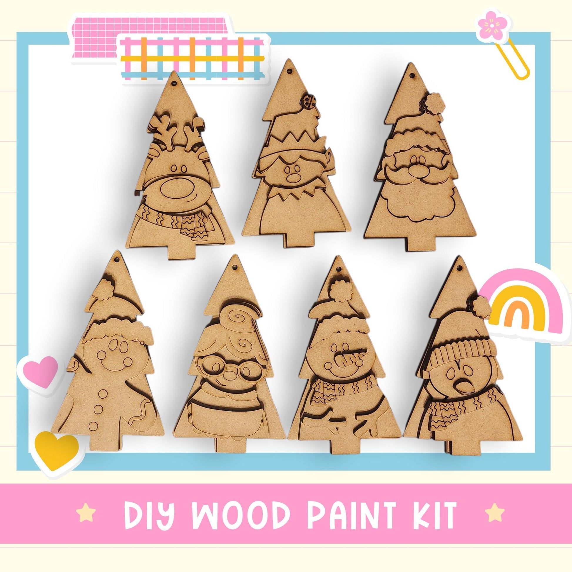 a DIY wood paint kit with various wooden tree ornaments, including Santa Claus, a snowman, and a rainbow.