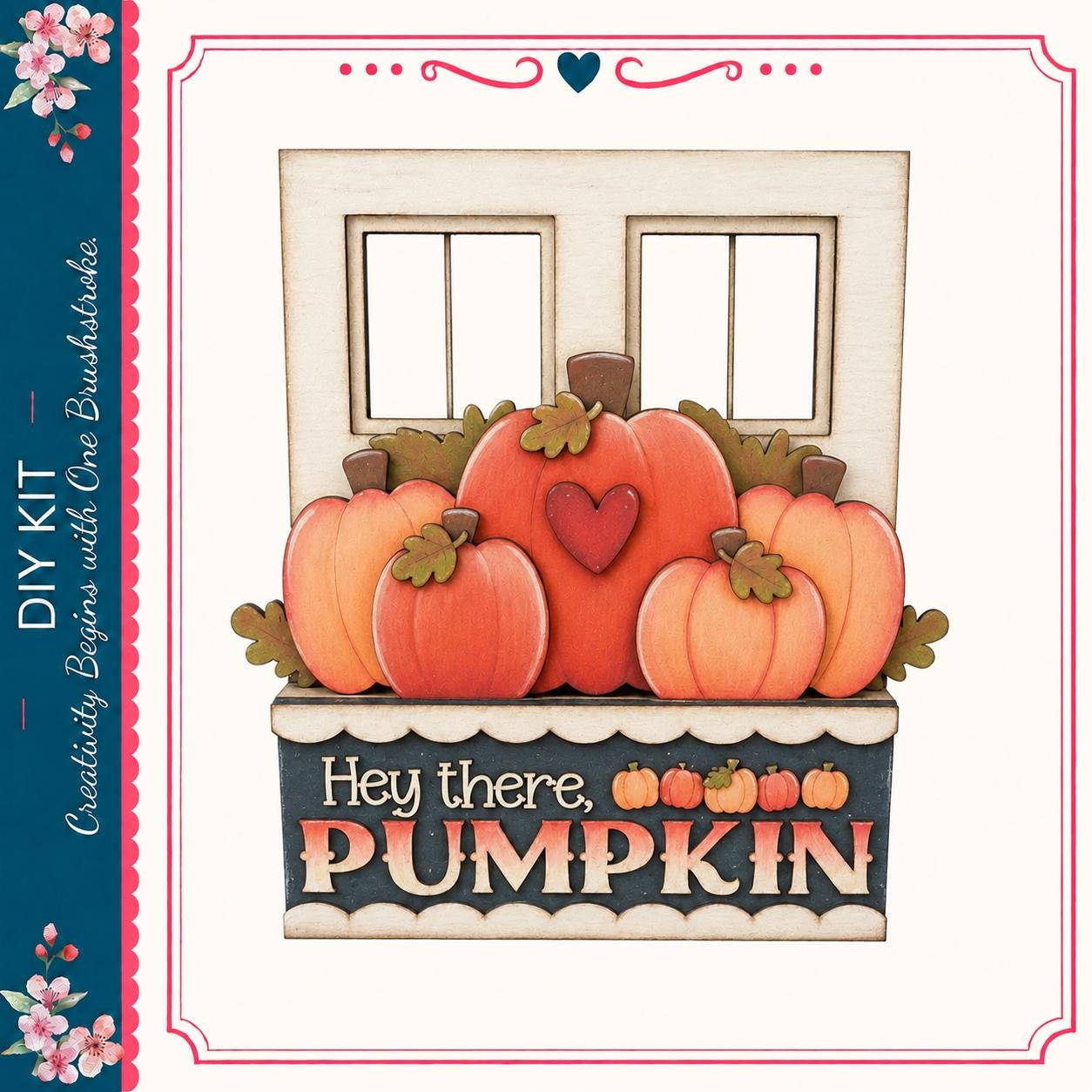 The image is a collage of various images, including a wooden house with a window and a sign that says "Hey there, PUMPKIN".