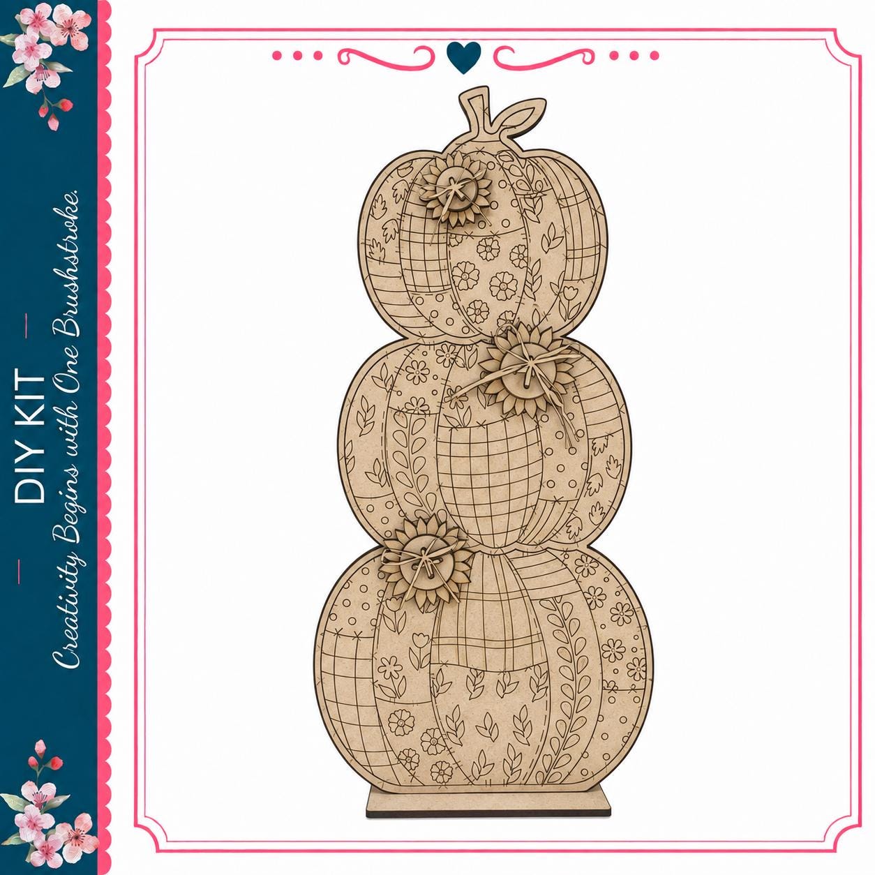 A wooden pumpkin decoration with intricate floral patterns and designs.