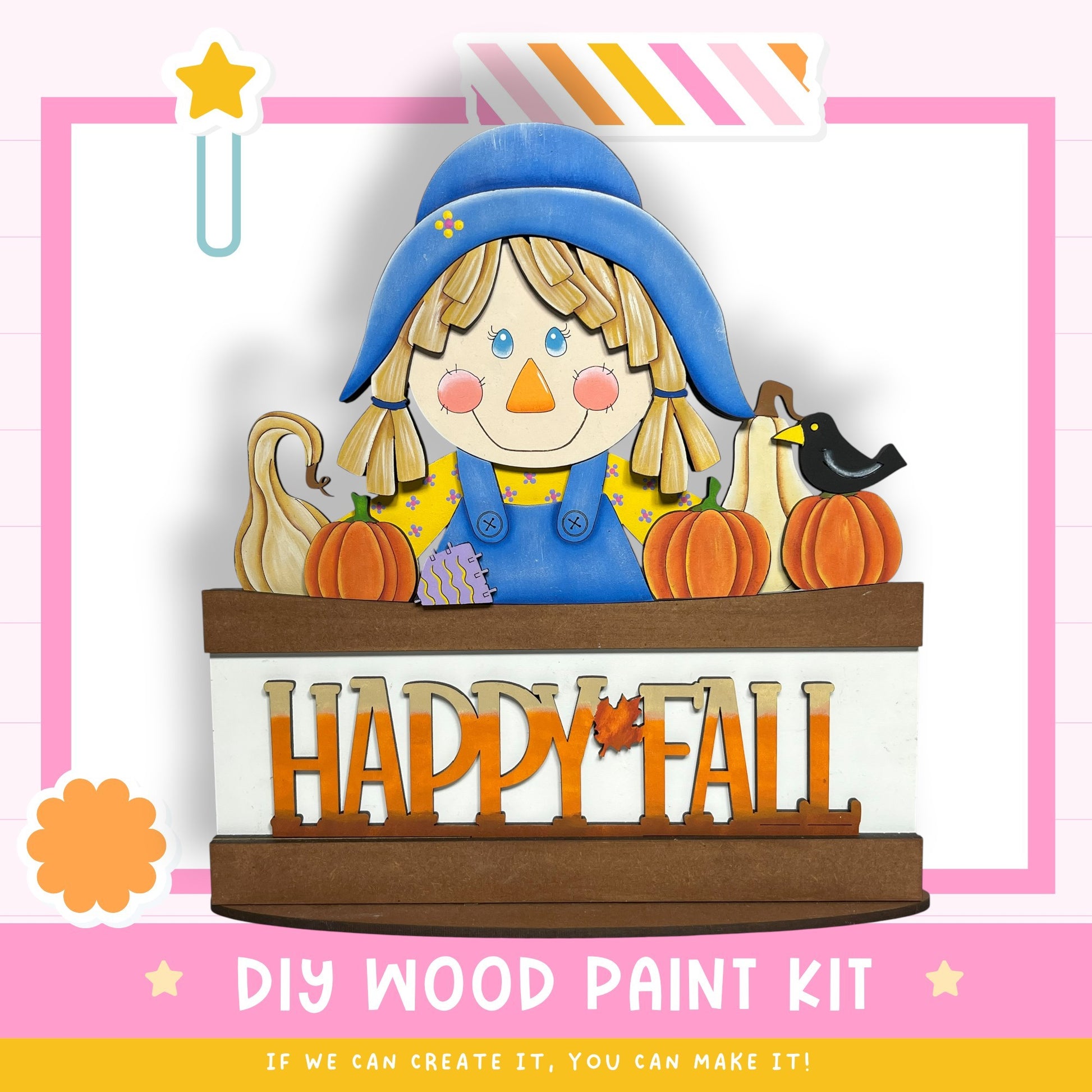 A cheerful illustration of a scarecrow holding a sign that says "Happy Fall" surrounded by pumpkins and a black bird, with a star decoration above.