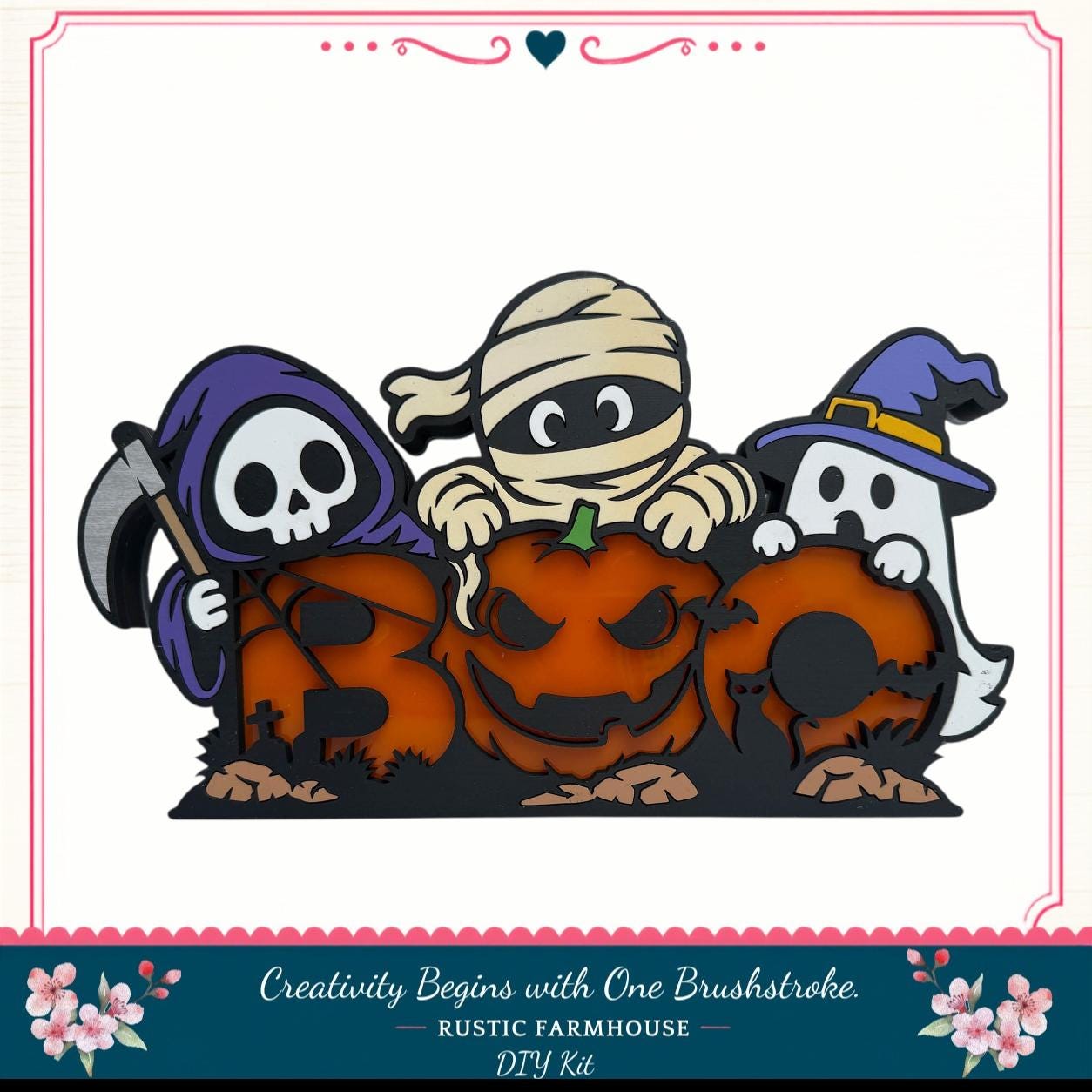 A Halloween-themed DIY kit featuring a skeleton, a mummy, a ghost, and a pumpkin carved into the shape of the number "3".