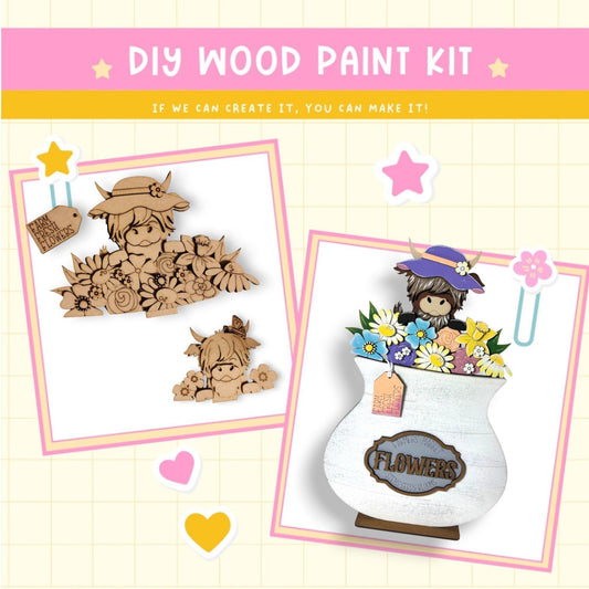 a wooden craft kit with a vase of flowers