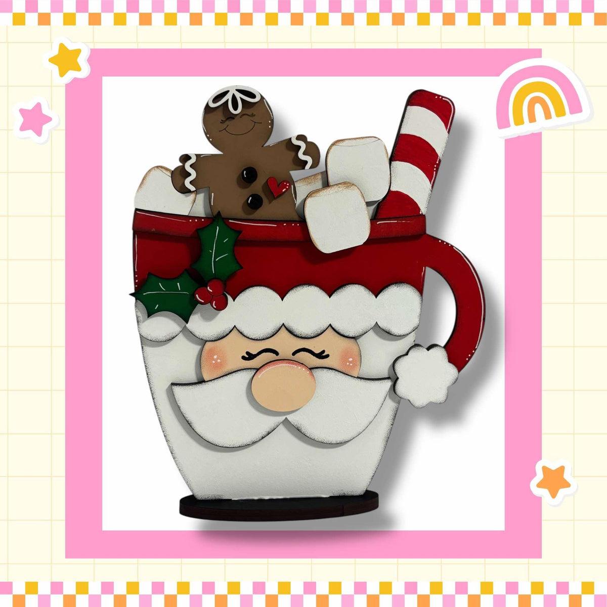 a picture of a santa clause in a cup