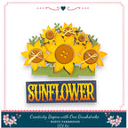 The image is a collage featuring a large sunflower made of buttons and surrounded by other sunflowers. The sunflower is the main focus of the image, with the word "Sunflower" written in large letters below it. The image also includes a decorative border with floral elements and the text "Creativity Begins with One Brushstroke - Rustic Farmhouse - DIY Kit".